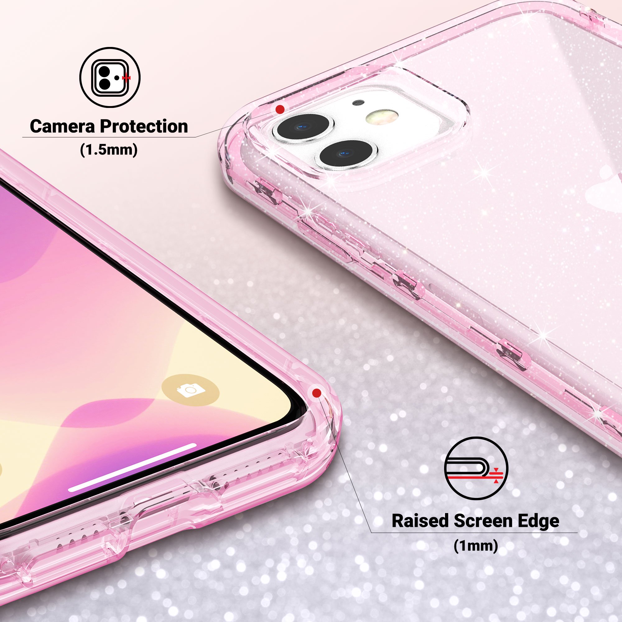 iPhone 11 Case, Heavy Duty Shockproof Rugged Protection TPU Bumper Phone Case for Apple iPhone 11 6.1 inch, Pink Clear Glitter